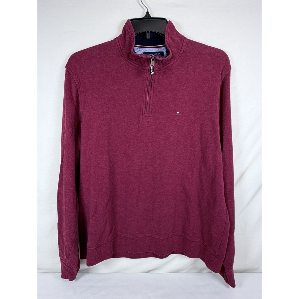 Tommy Hilfiger Men's Size Large Burgundy Red Quarter-Zip Pullover Sweater Cotton